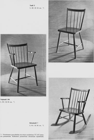 Tuoli nro 5, nojatuoli nro 100, keinutuoli nro 7, Vakiopuu Oy, Lahti.